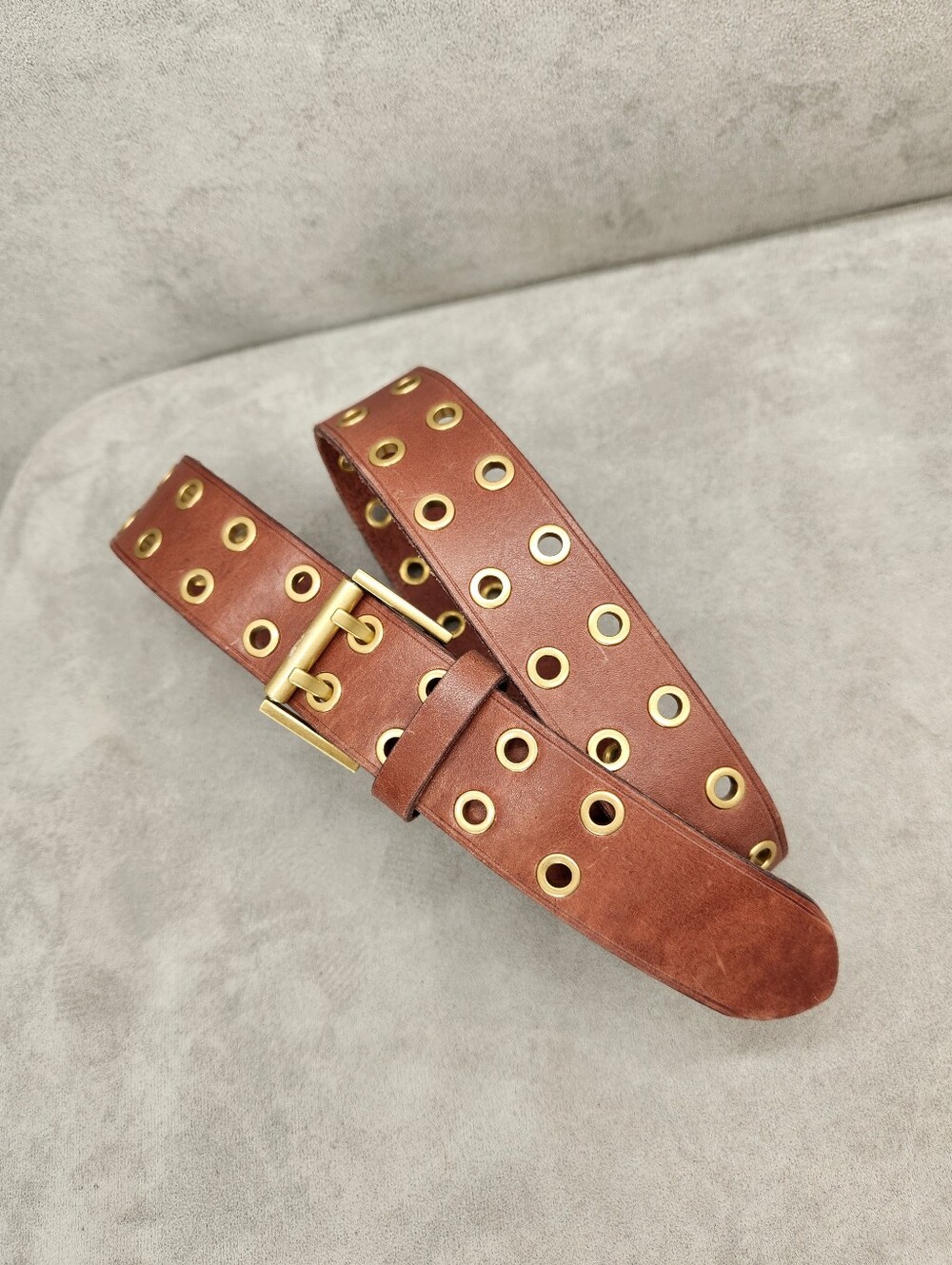 All Saints Belt Women's L Brown Leather Eyelets Logo Bold Edgy Bikercore New$100